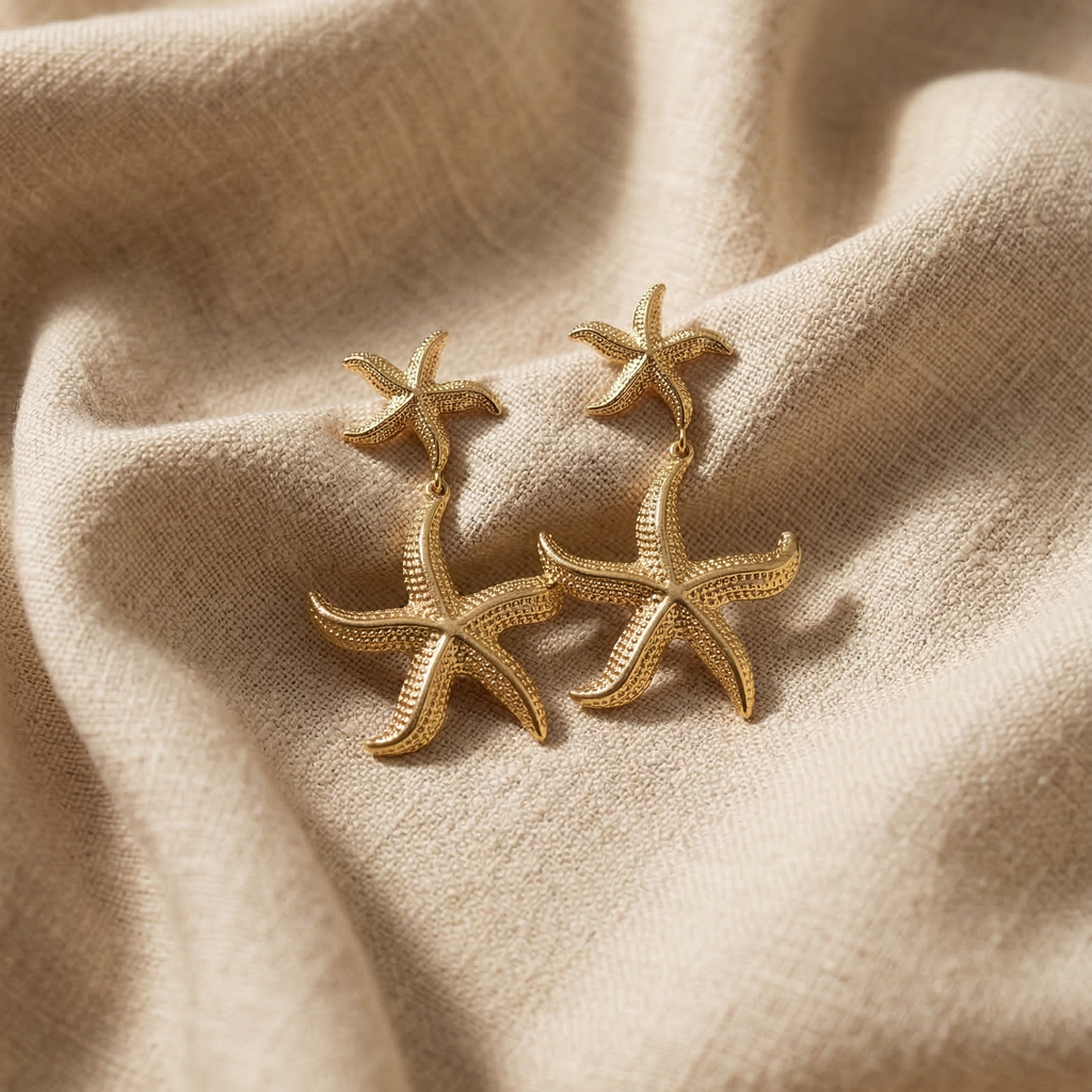 Gold starfish-shaped earrings on beige fabric
