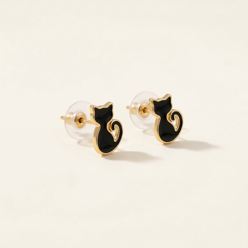 Black cat-shaped earrings with gold accents on a beige background