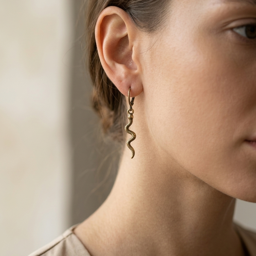 Vintage Brass Snake Dangle Earrings – Raw Serpentine Drop Earrings