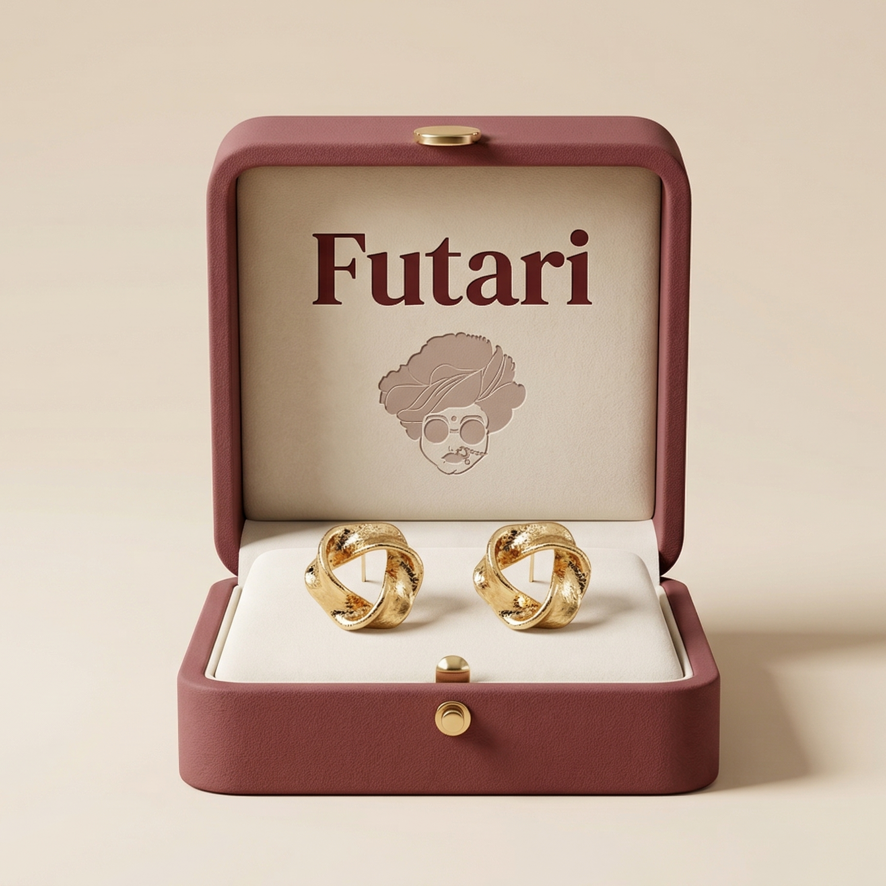 Gold earrings in a 'Futari' jewelry box on a beige background