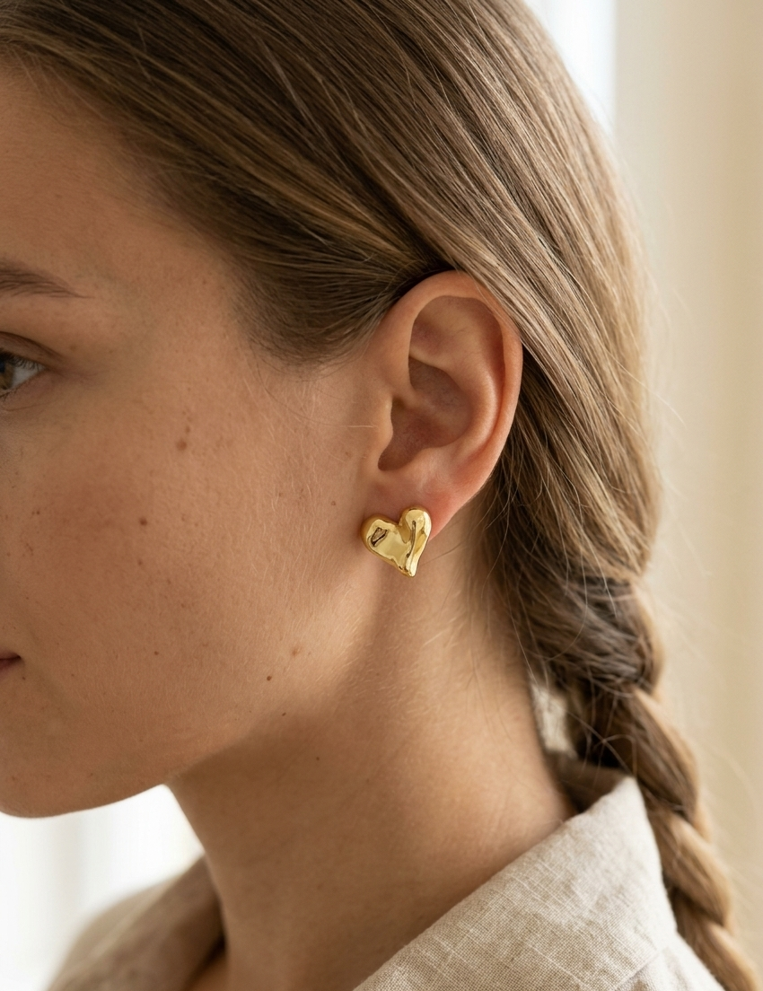 Close-up of a person wearing gold heart-shaped earrings with a neutral background