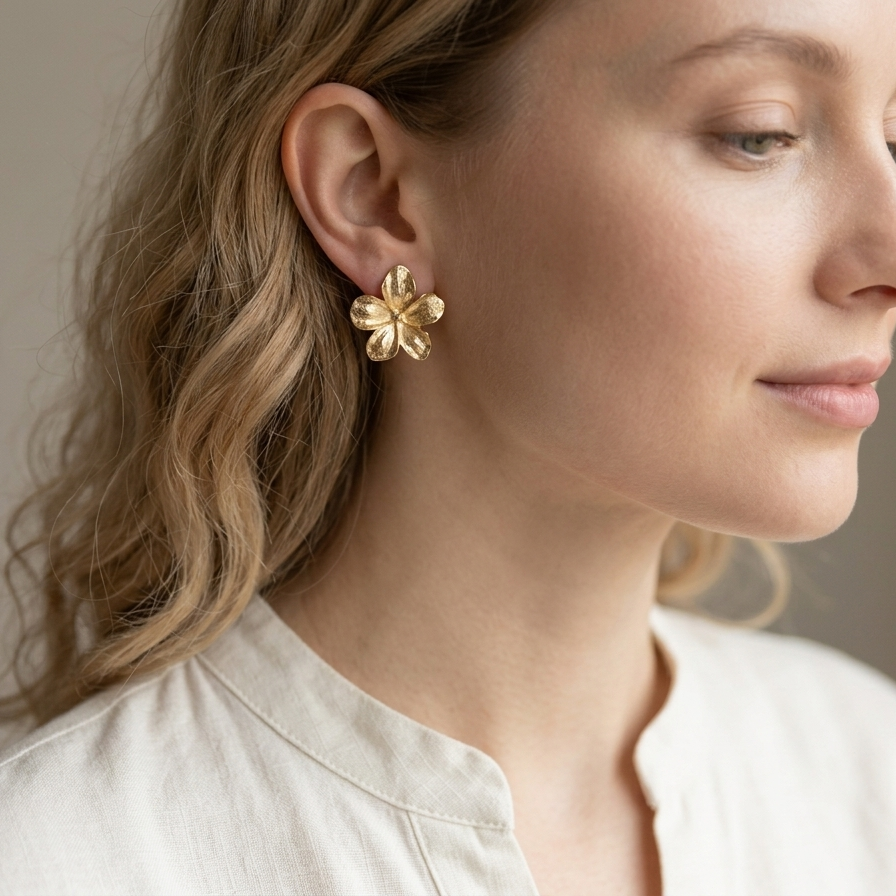Woman wearing gold floral earrings with a neutral background
