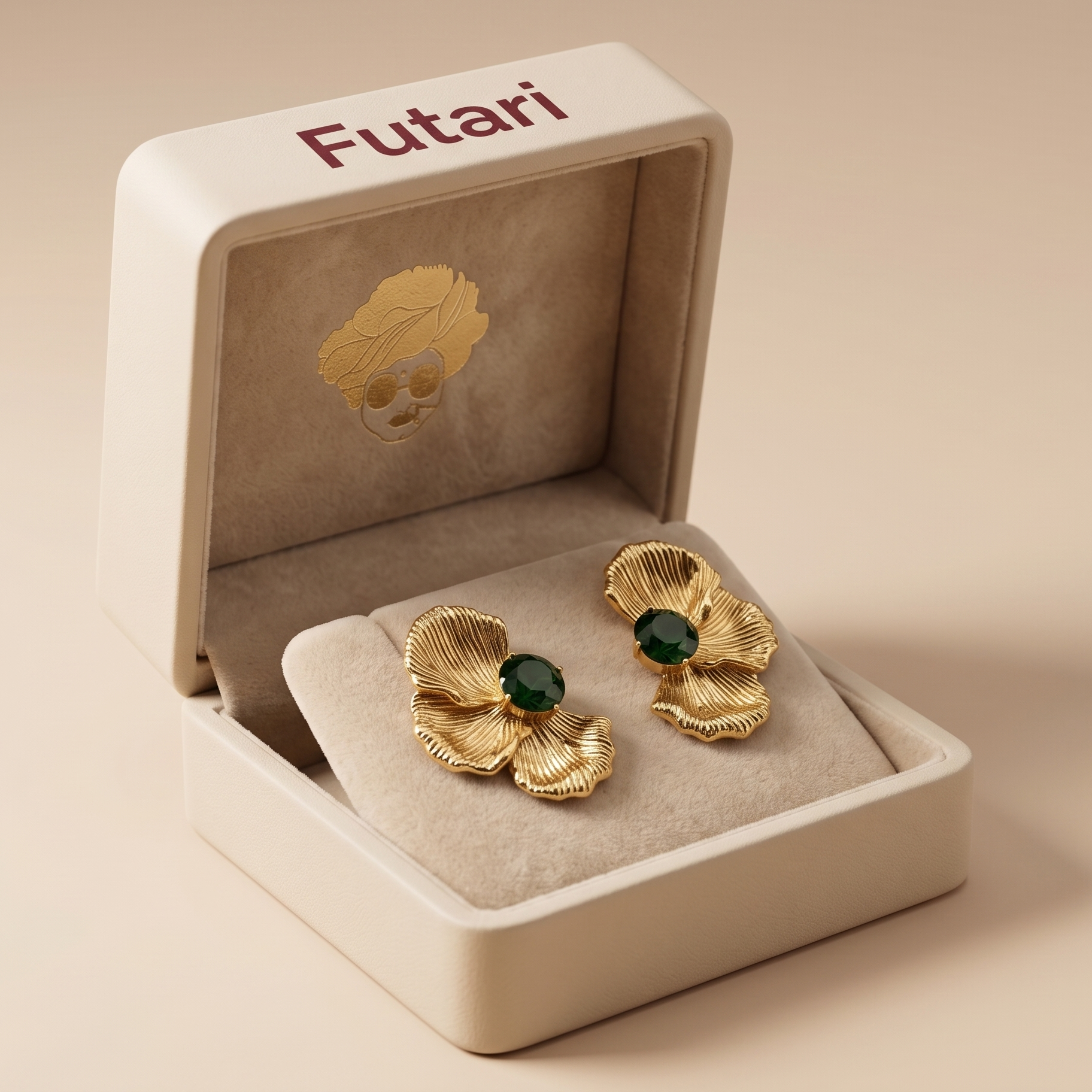 Gold earrings with green gemstones in a 'Futari' jewelry box on a beige background