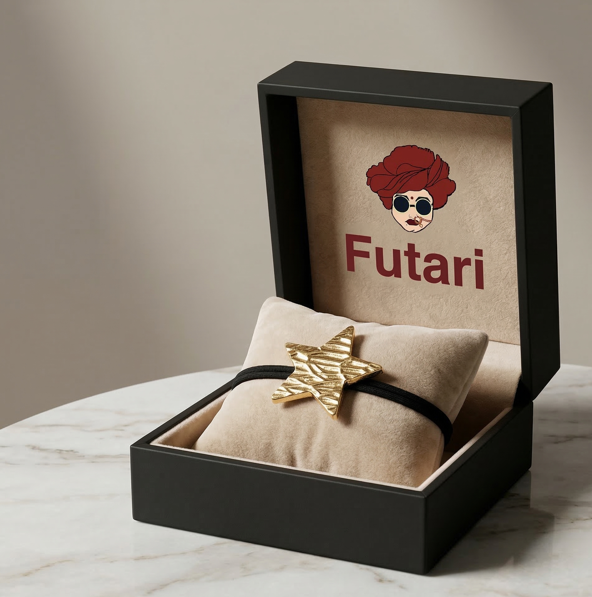 Gold star-shaped object in a black box with 'Futari' branding on a marble surface.