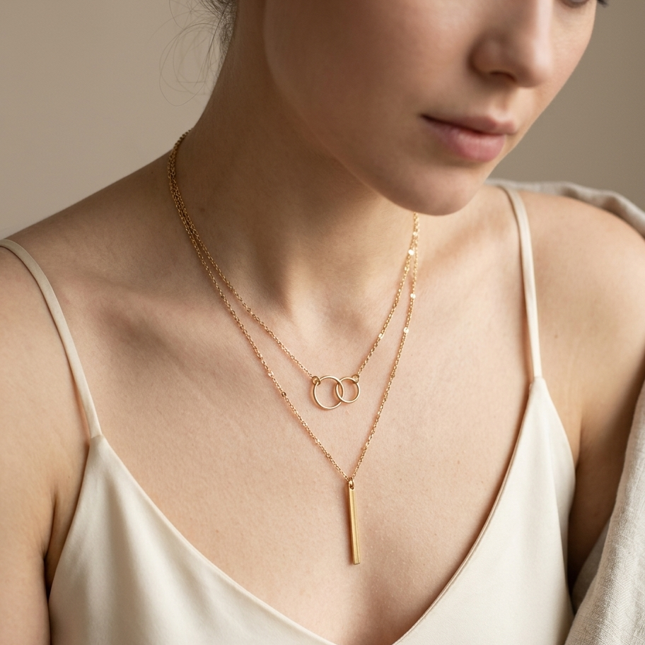 Woman wearing a gold necklace with a minimalistic design on a neutral background
