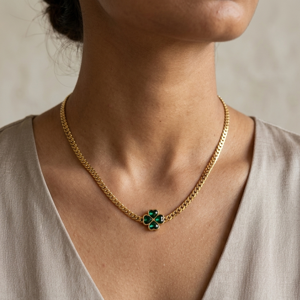 Gold necklace with a green pendant worn by a person against a neutral background