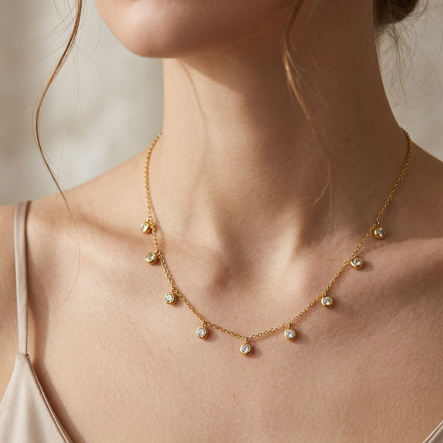 CZ Station Necklace for Women | Dainty Layering Chain with CZ Charms || Rakhi Gift for Sister