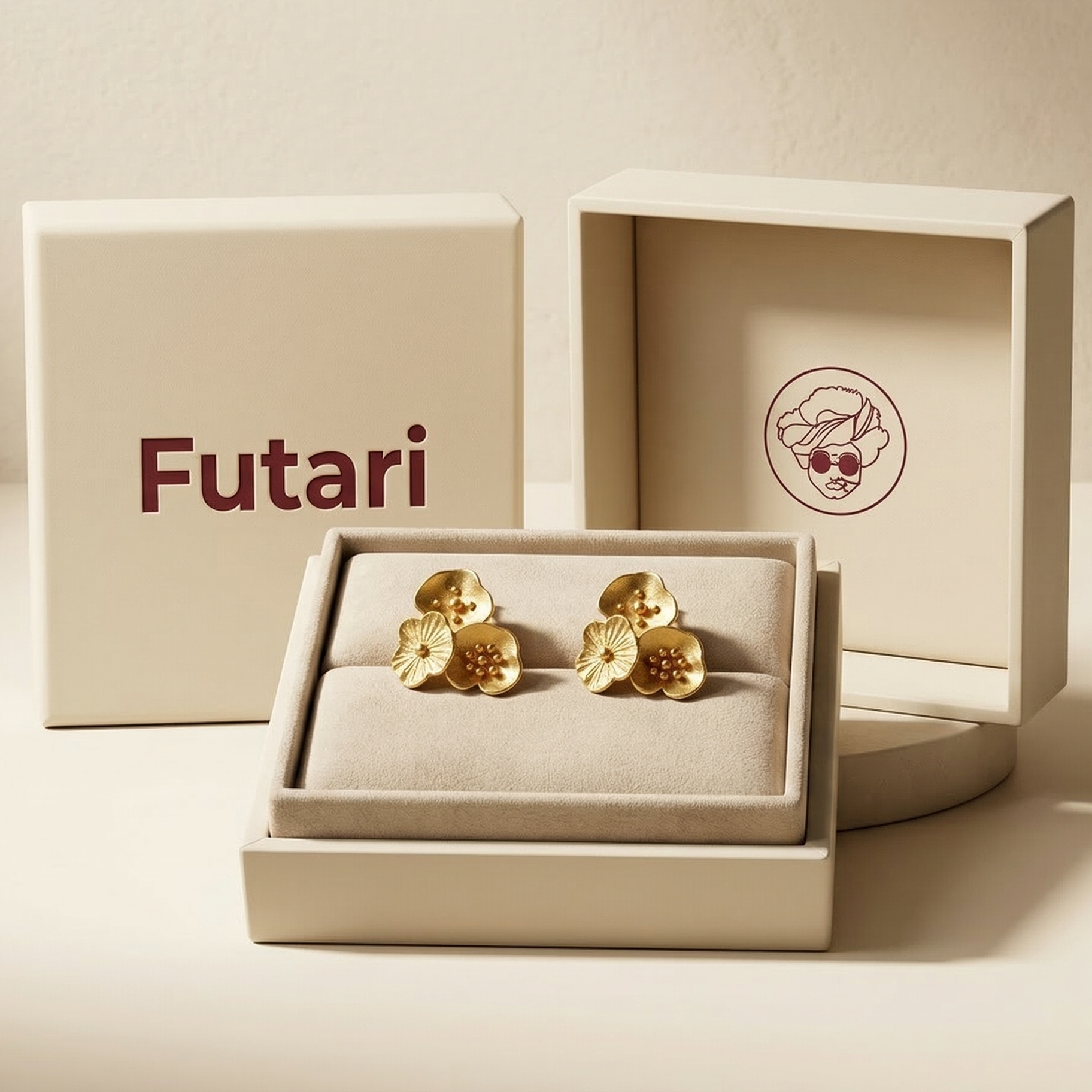 Gold earrings in a 'Futari' branded box on a beige background