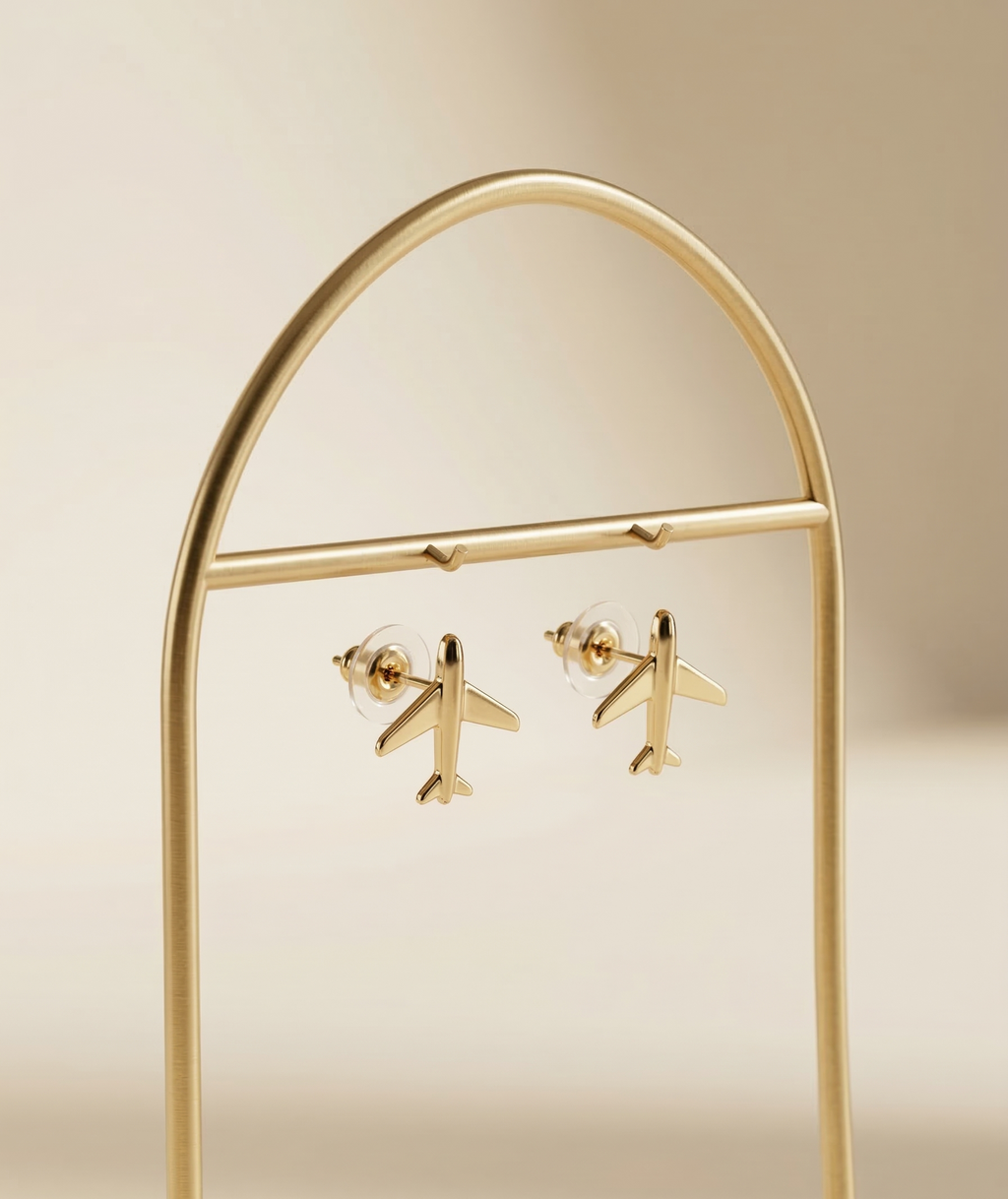 The Wanderlust Jet Studs – Champagne Gold Minimalist Airplane Earrings