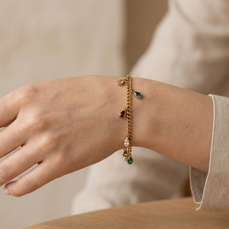 Aurelia Multi-Color Teardrop Gem Charm Bracelet || Rakhi Gift for Sister