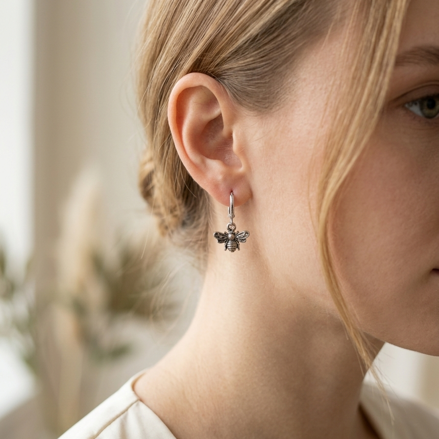 Silver Honeybee Huggie Hoop Earrings – Textured Anti-Tarnish Drops