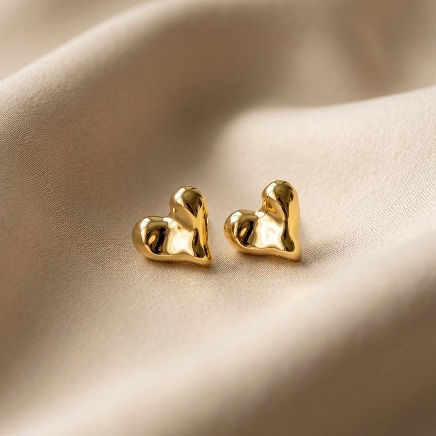 Close-up of a person wearing gold heart-shaped earrings with a neutral background
