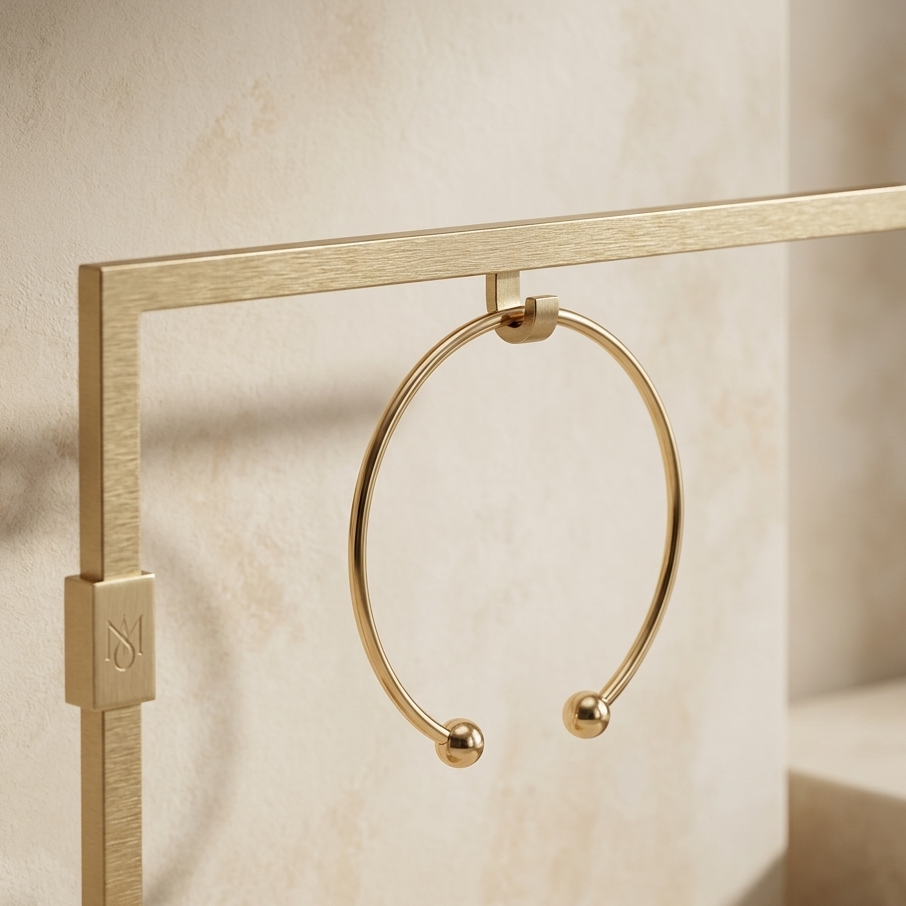 Gold hoop earring on a matching stand against a beige background