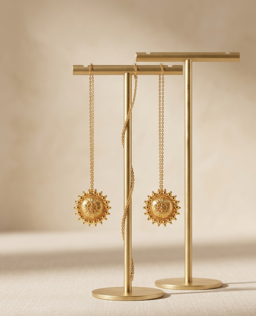 Gold earrings on a matching gold stand against a beige background