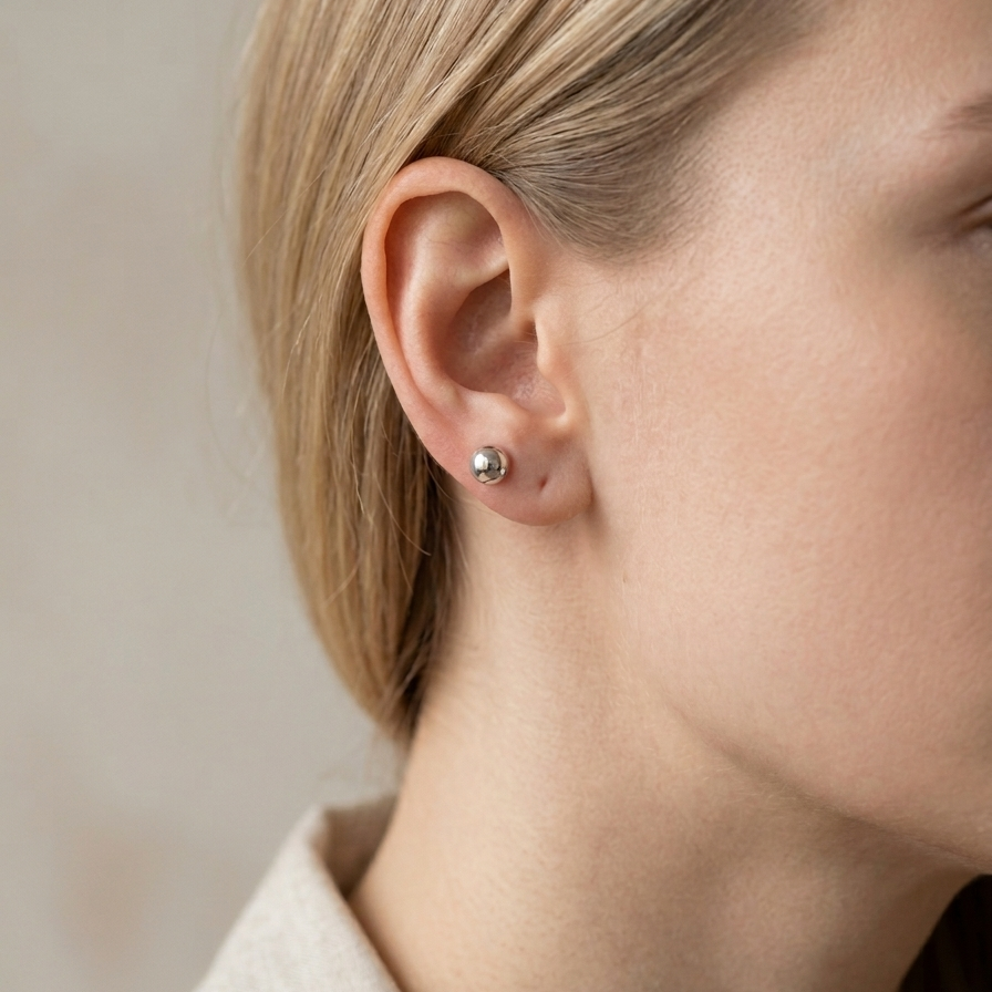 Close-up of a person wearing a small round earring on a neutral background