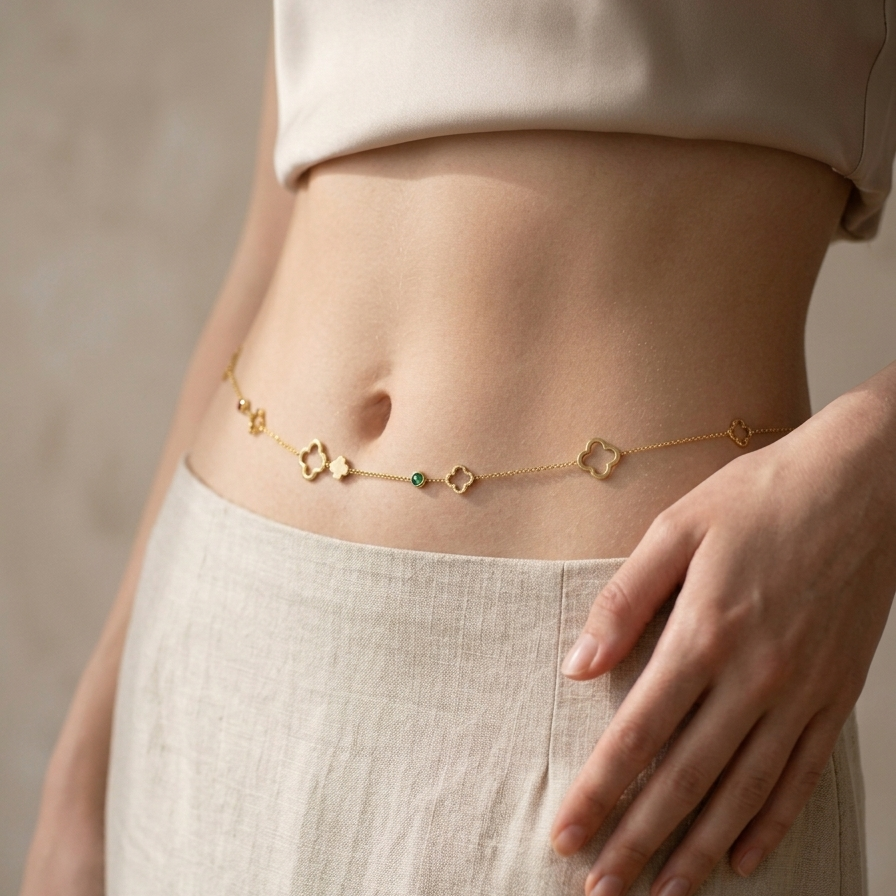 A close-up of a model's waist wearing a delicate gold chain belly chain with small floral and geometric charms, styled with a cream-colored linen top and skirt.