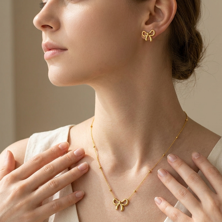 Woman wearing a gold bow necklace and earrings against a neutral background