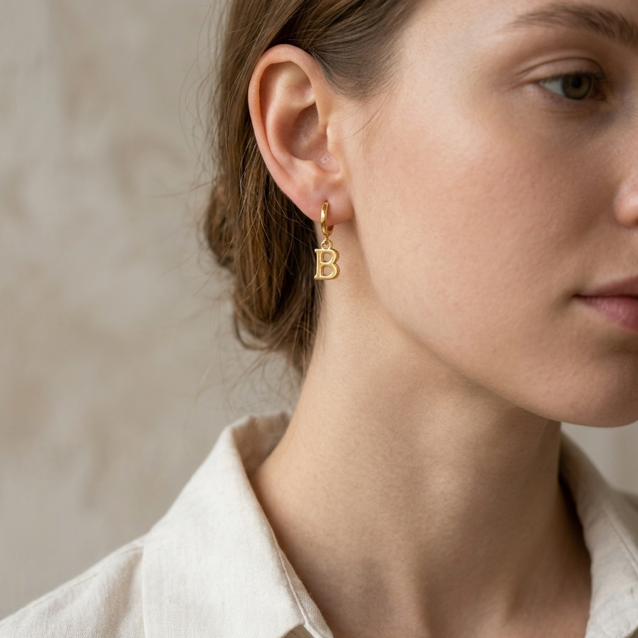 Close-up of a person wearing gold earrings with a letter 'B' on a neutral background