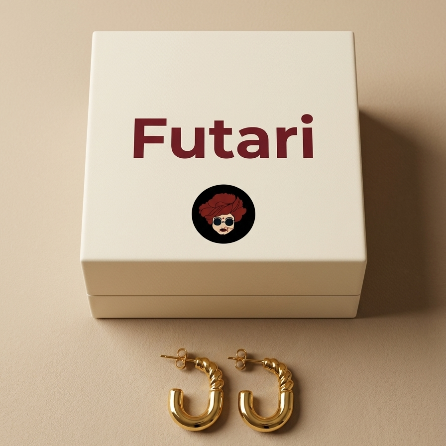 Gold hoop earrings in front of a Futari branded box on a beige background