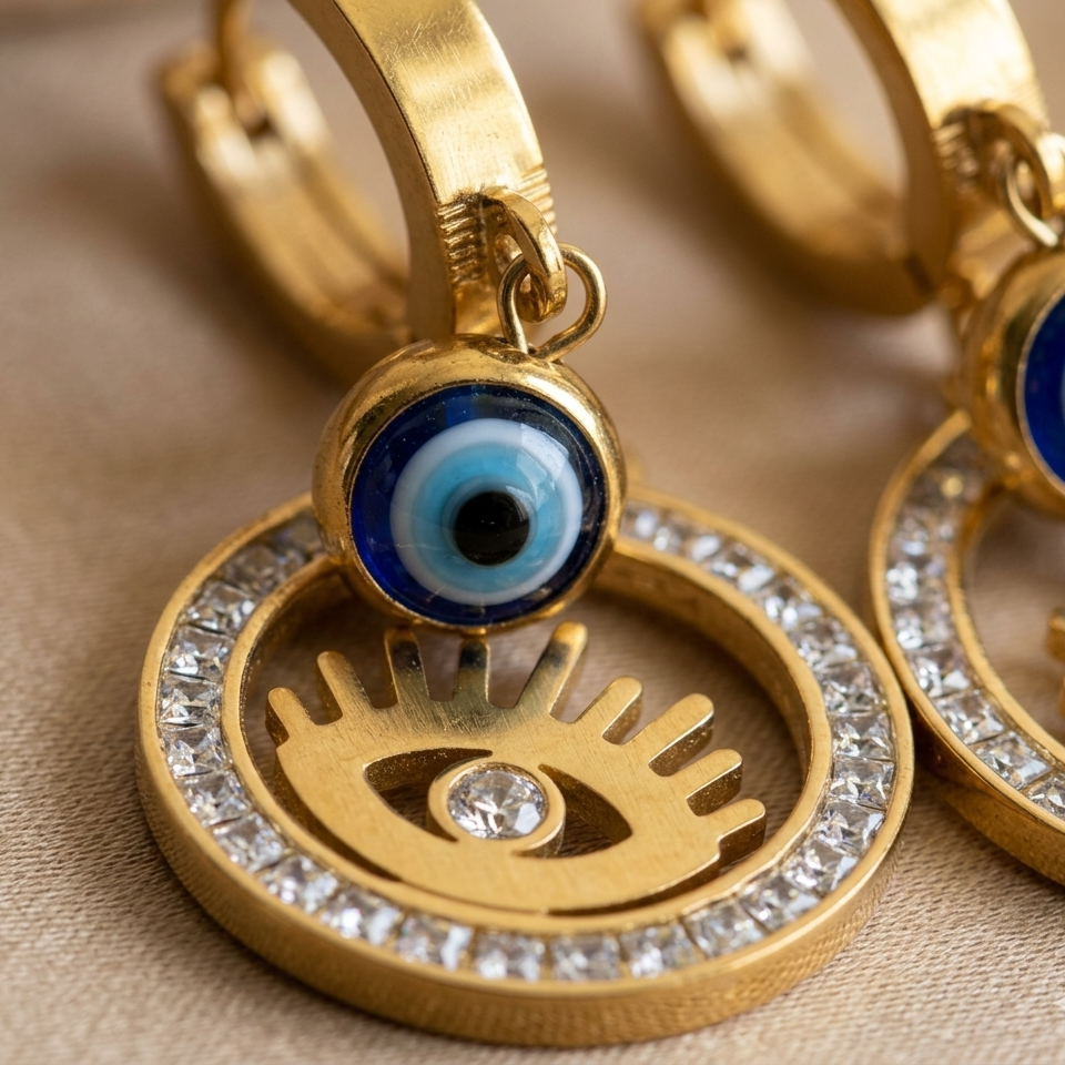 Gold earrings with eye design on a beige background