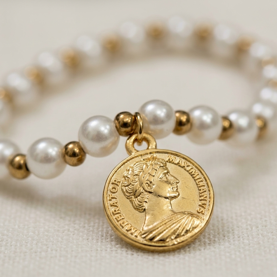 Vintage Empress Coin Pearl Bracelet | Elegant Stretch Beaded Bracelet for Women