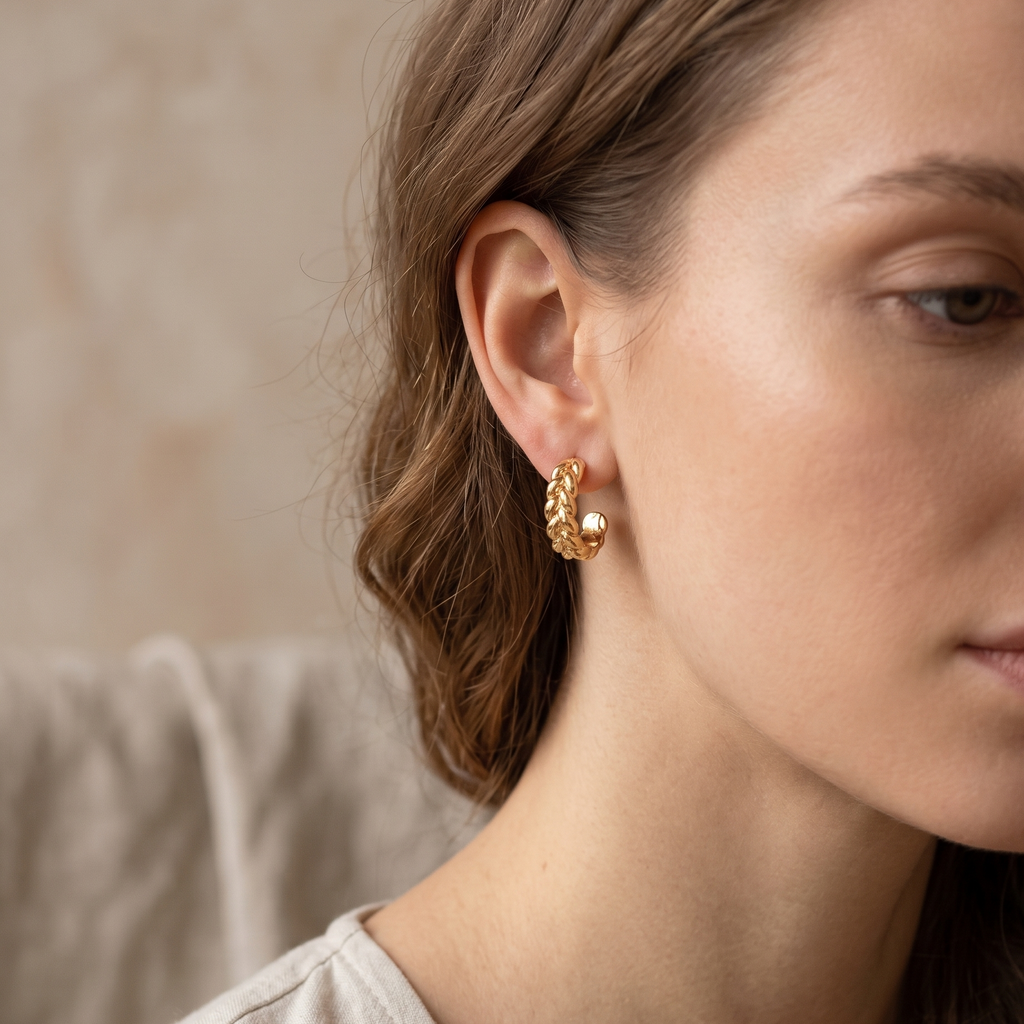 Close-up of a woman wearing gold earrings with a neutral background