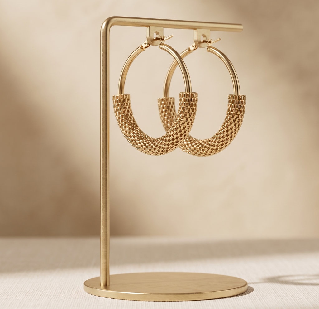 Gold hoop earrings on a matching stand against a beige background