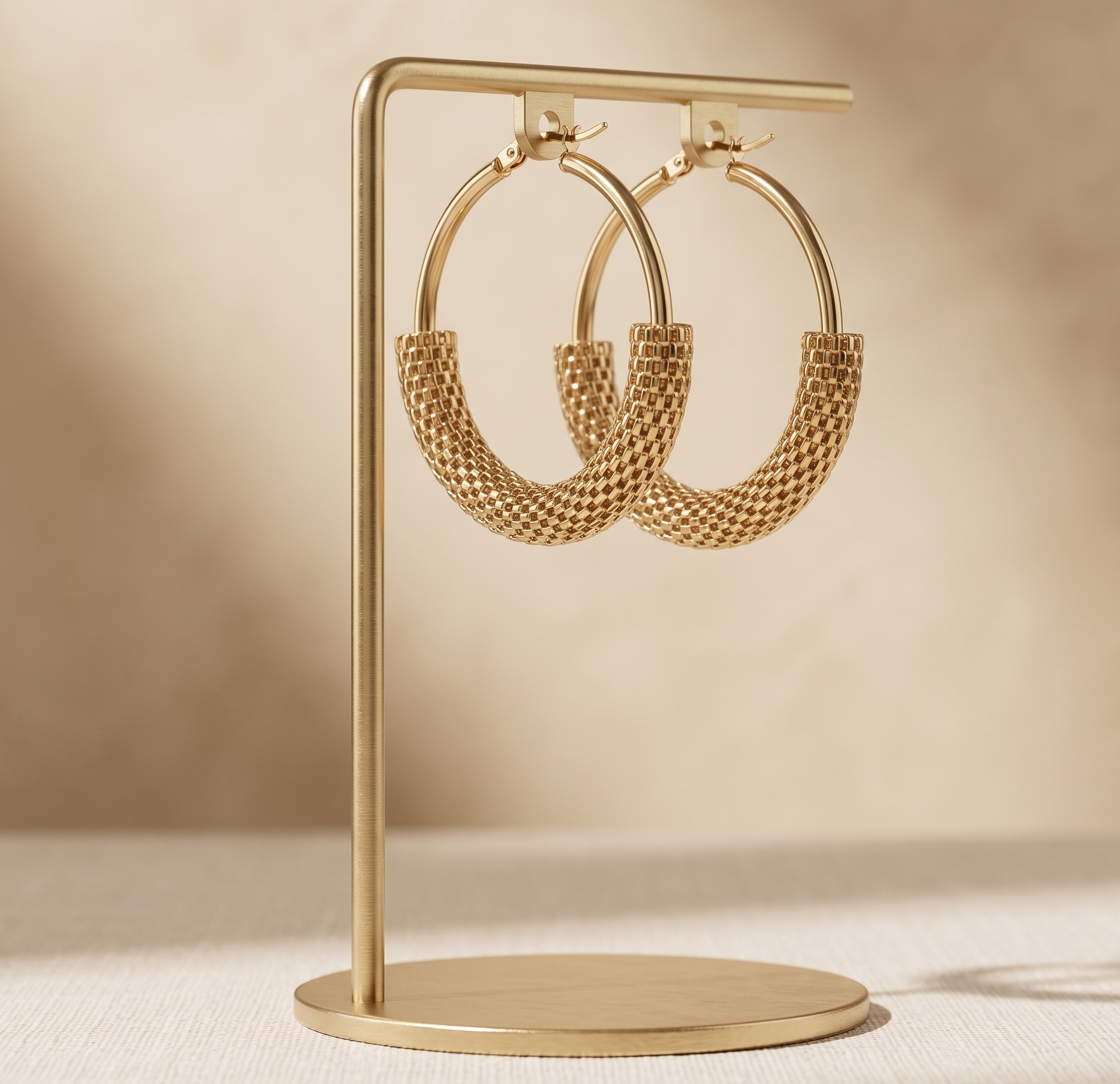 Gold hoop earrings on a matching stand against a beige background