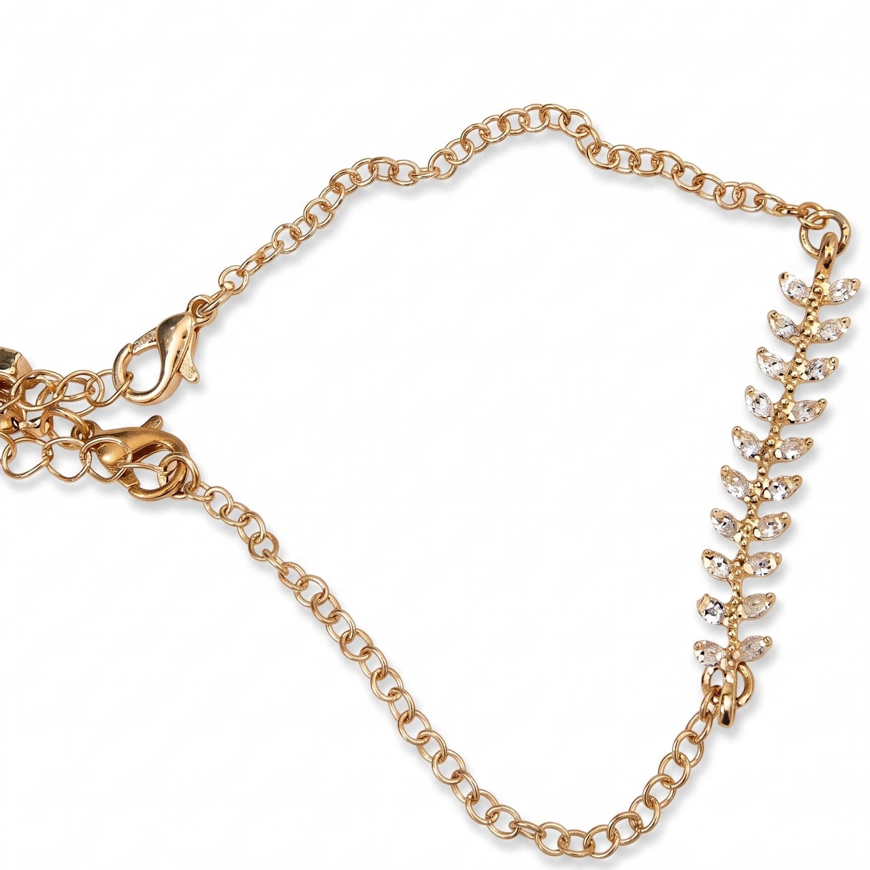 Gold chain necklace with a clasp on a white background