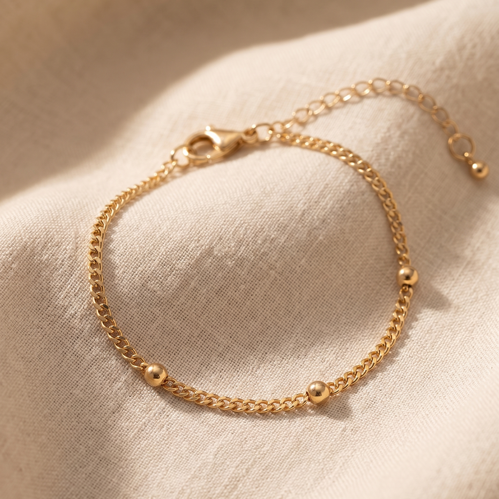 Gold chain bracelet on a beige fabric background