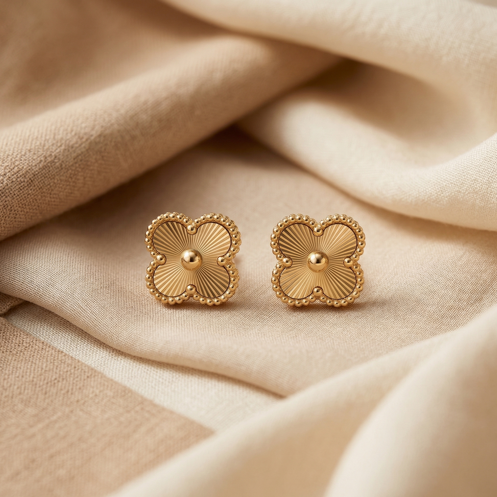 Pair of gold earrings on beige fabric