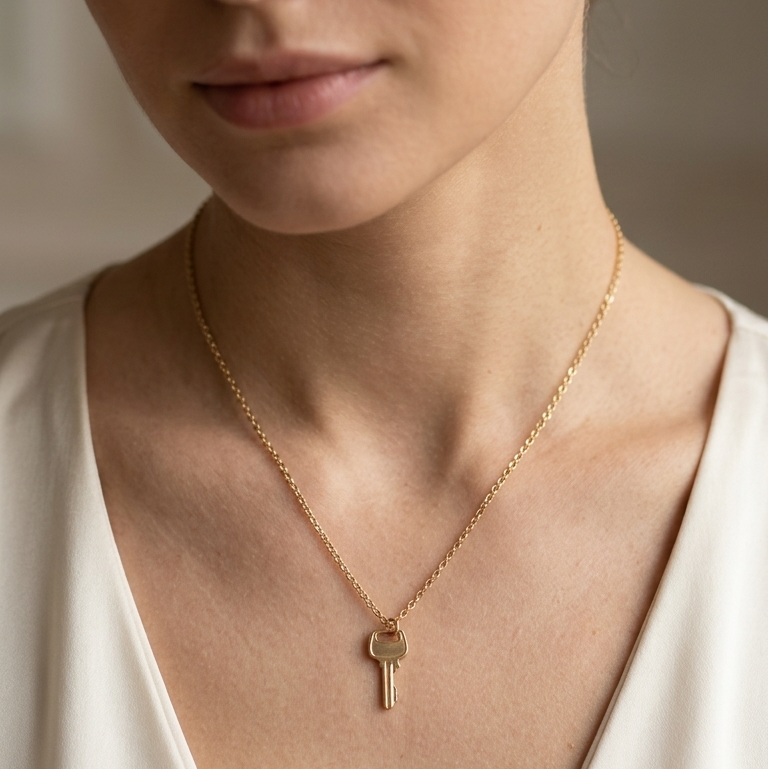 Woman wearing a gold necklace with a key pendant against a neutral background