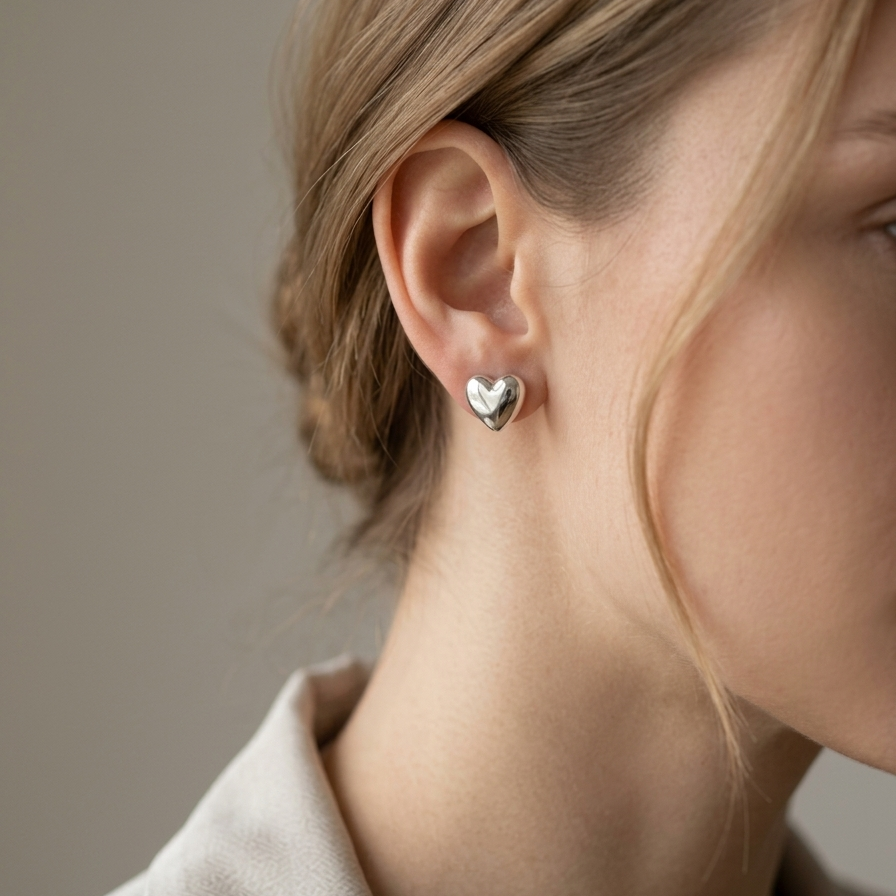 Heart-shaped earring worn by a person with a neutral background