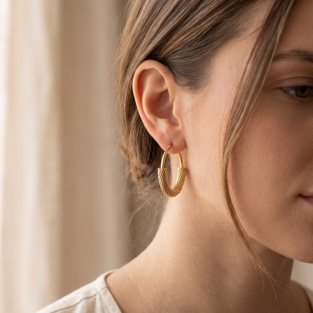 Close-up of a woman wearing gold hoop earrings with a neutral background