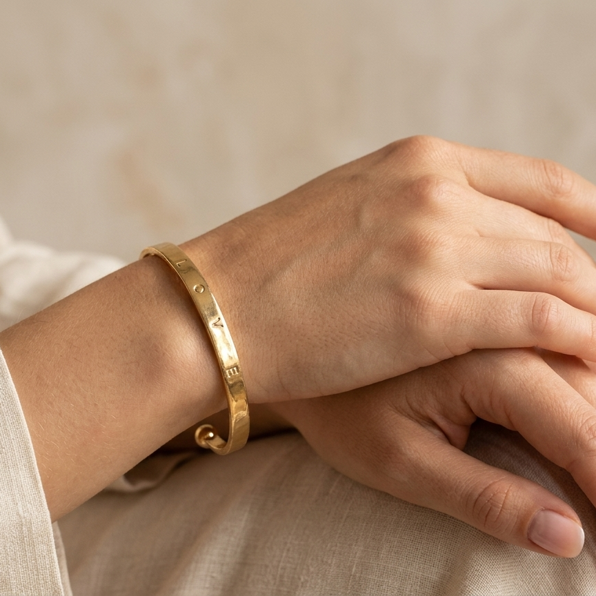 Close-up of a hand wearing a gold bracelet on a neutral background