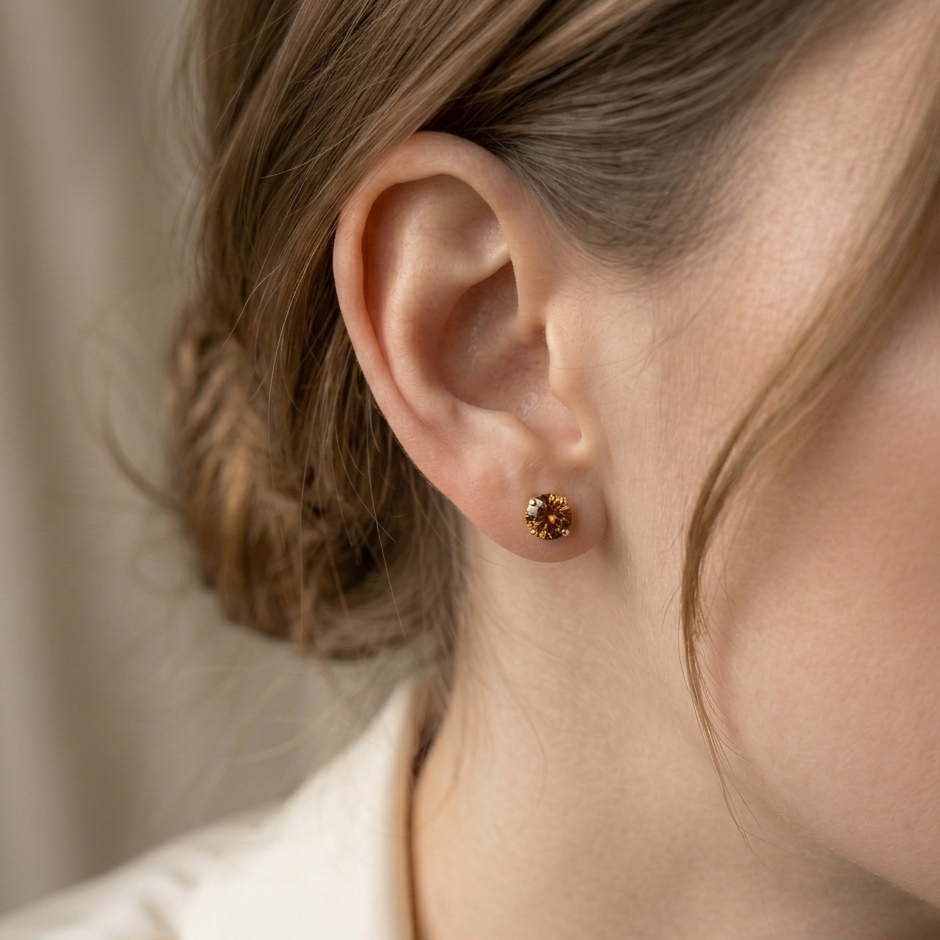 Close-up of an ear wearing a small gold earring with a neutral background