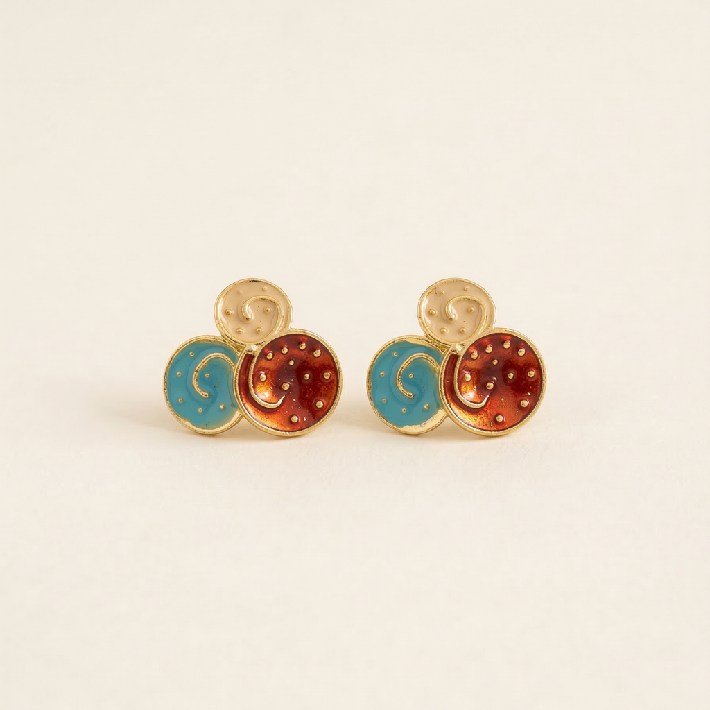The Solstice Enamel & Brass Studs – Handcrafted Geometric Triple-Disc Earrings