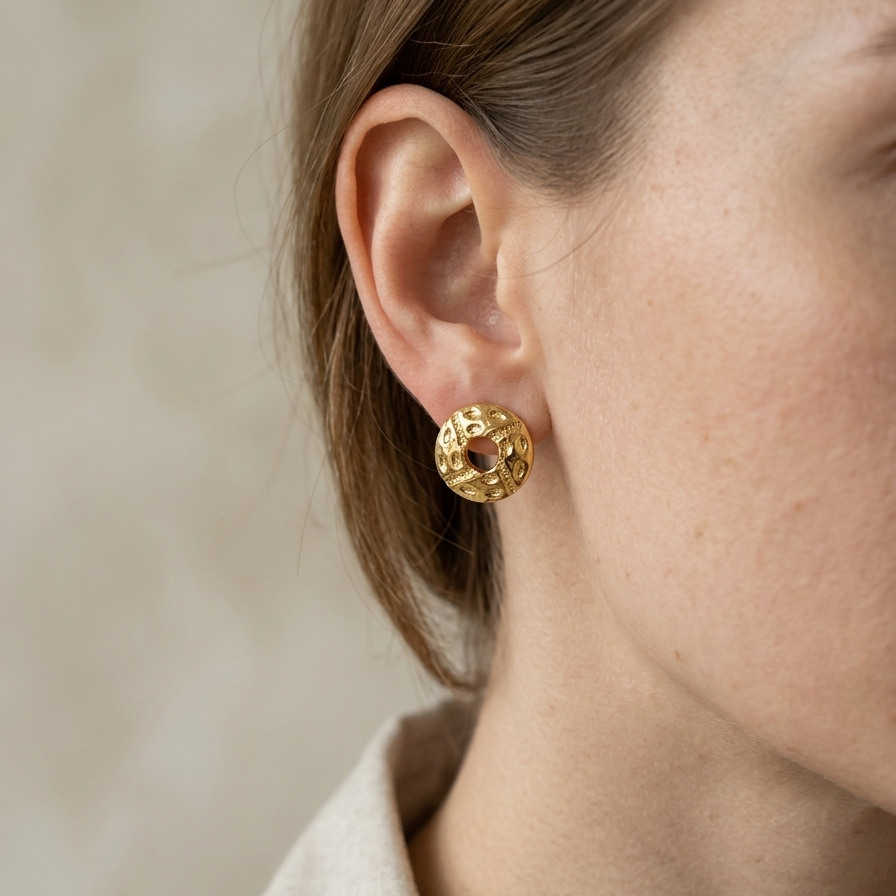 Hammered Open Donut Stud Earrings - 14k Gold Plated & Sterling Silver Textured Circle Post Earrings
