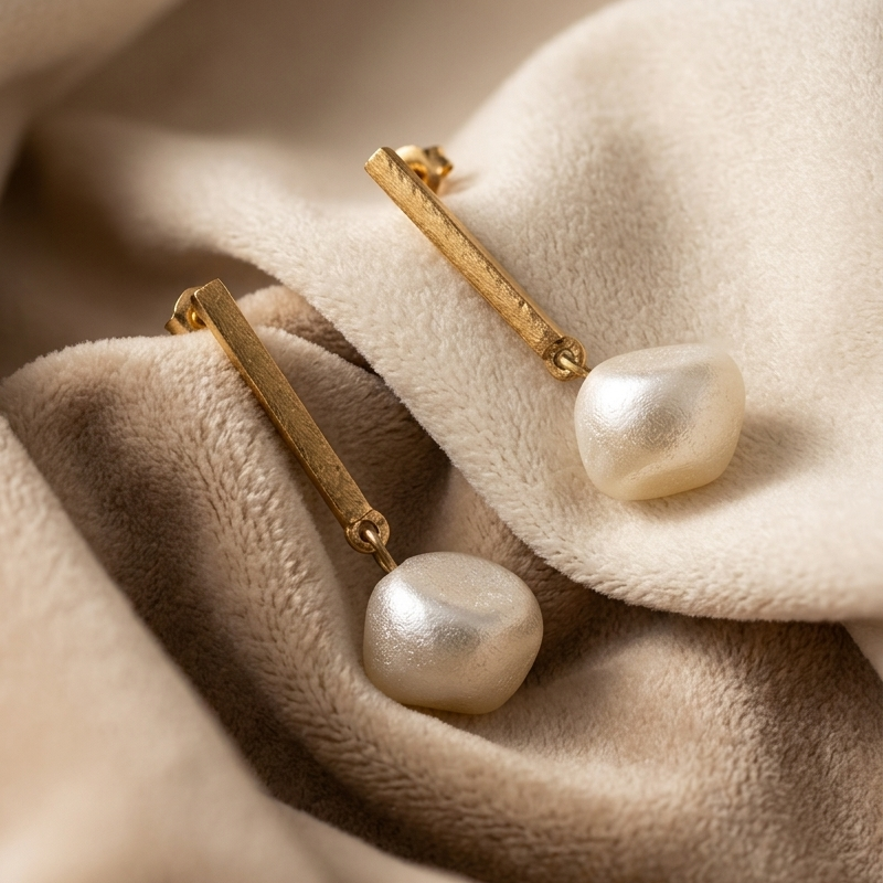 Gold and pearl earrings on a soft beige fabric background
