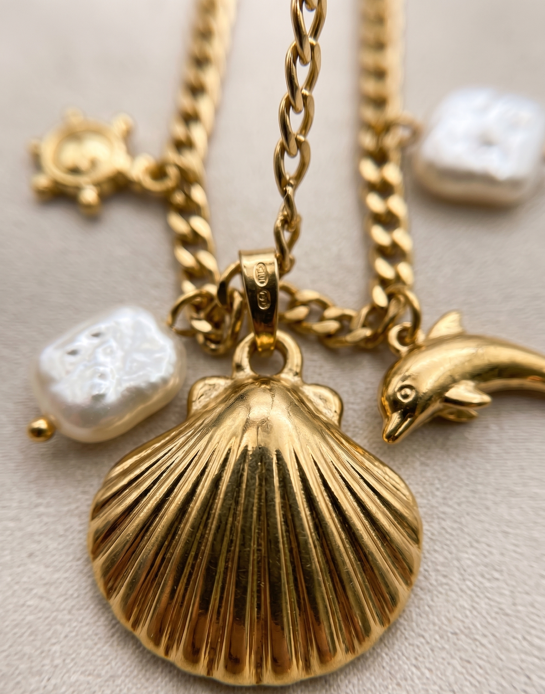 Aegean Sea Shell & Baroque Pearl Charm Link Necklace