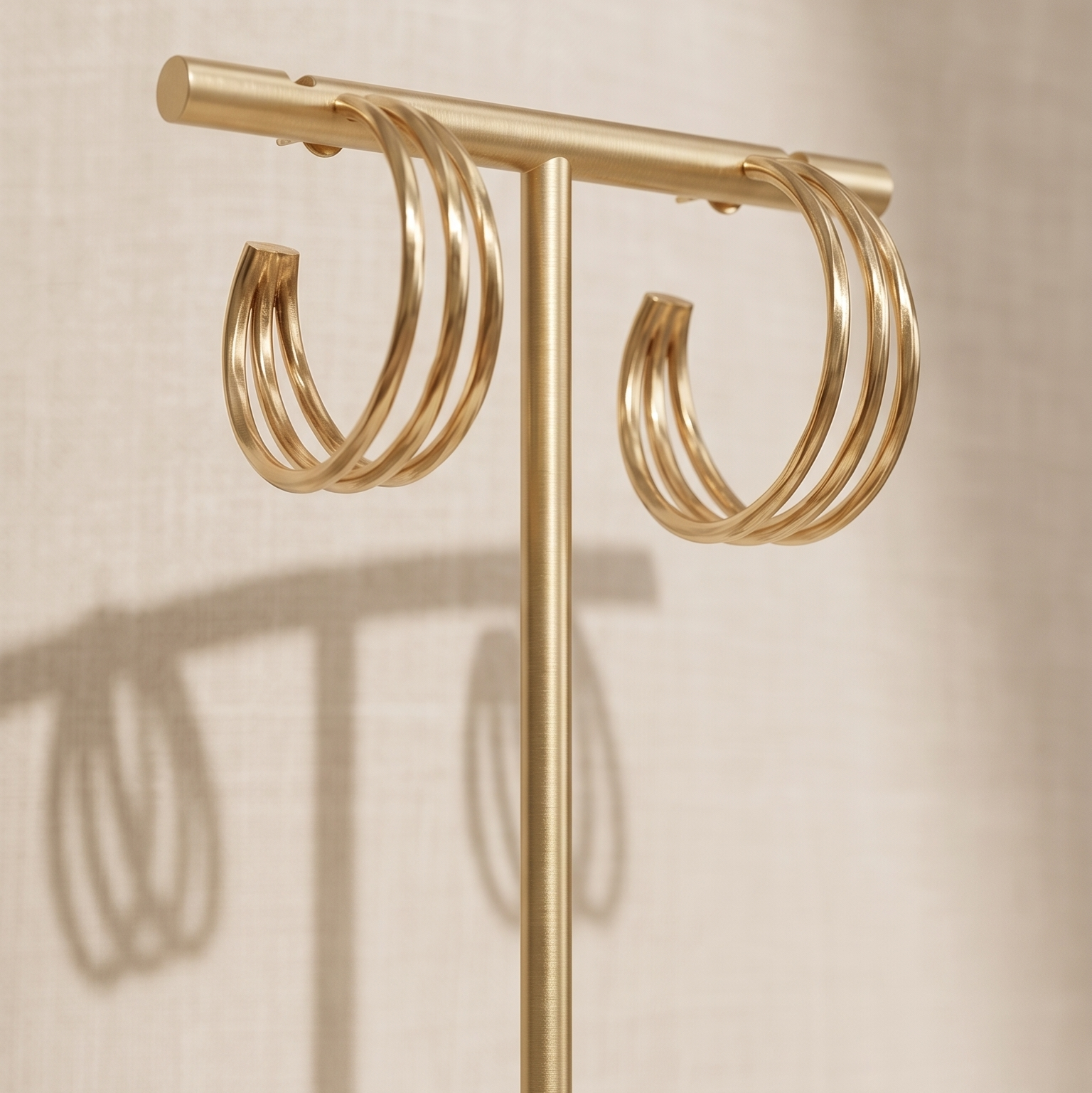 Gold hoop earrings on a matching gold stand against a beige background