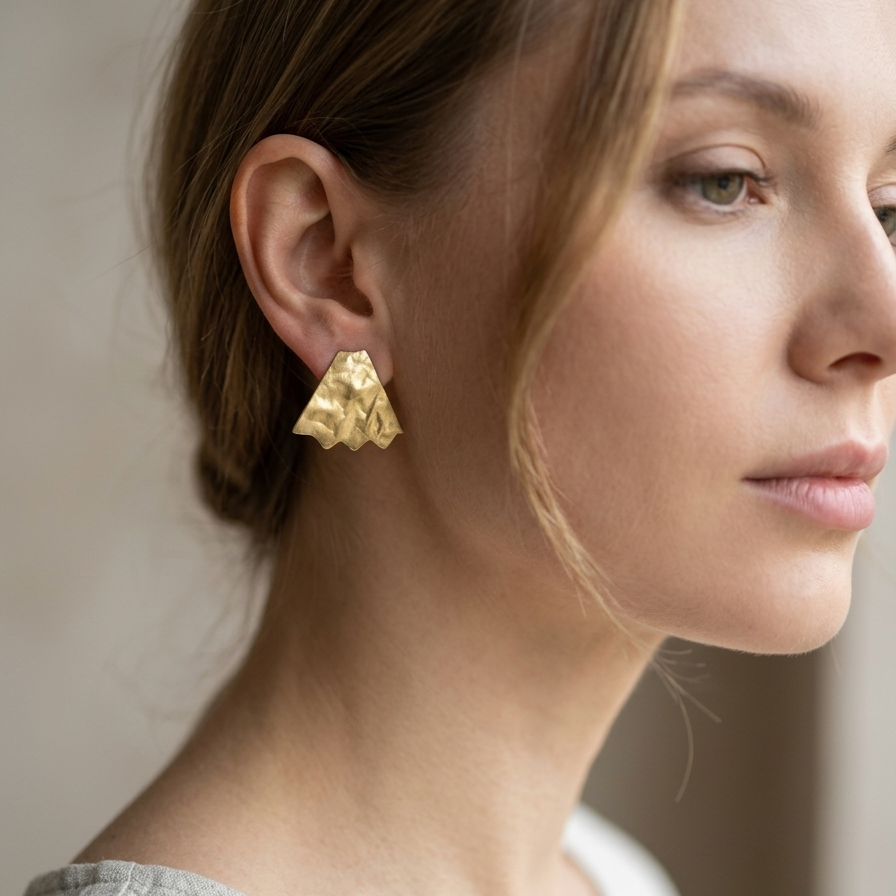 Hammered Gold Geometric Fan Stud Earrings - 14k Gold Plated Textured Abstract Trapezoid Post Earrings