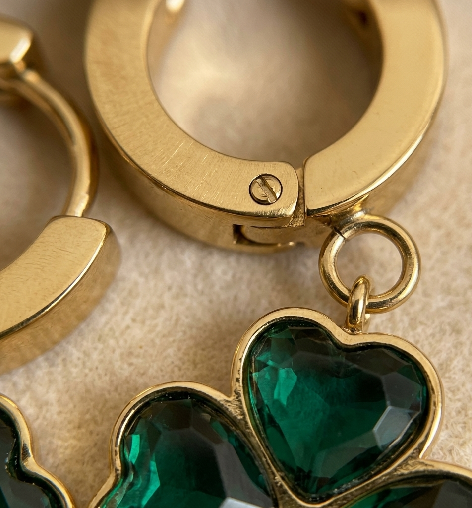 Gold hoop earring with a green heart-shaped pendant on a beige background