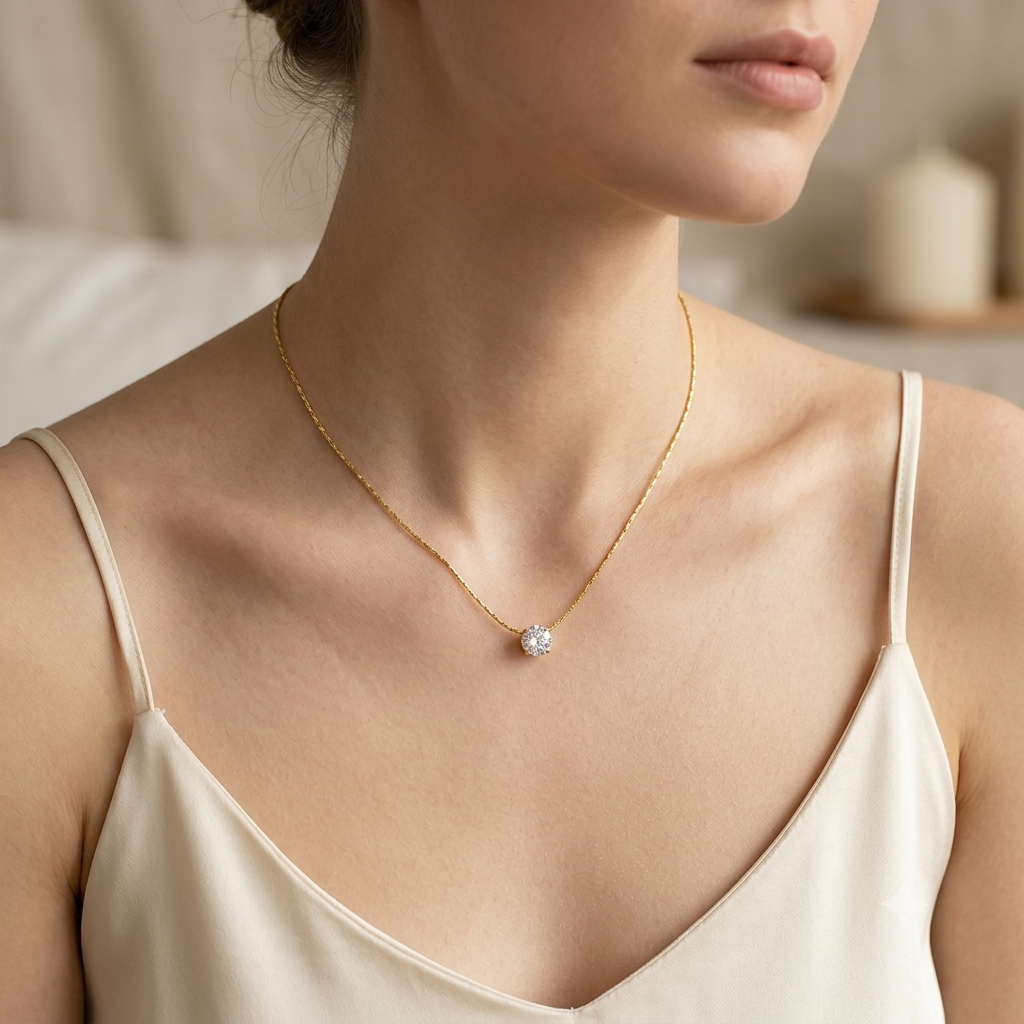 A close-up lifestyle shot of a model wearing a delicate gold chain necklace with a small, clear, round gemstone pendant. The model is wearing a cream-colored satin camisole against a softly blurred, warm-toned indoor background.
