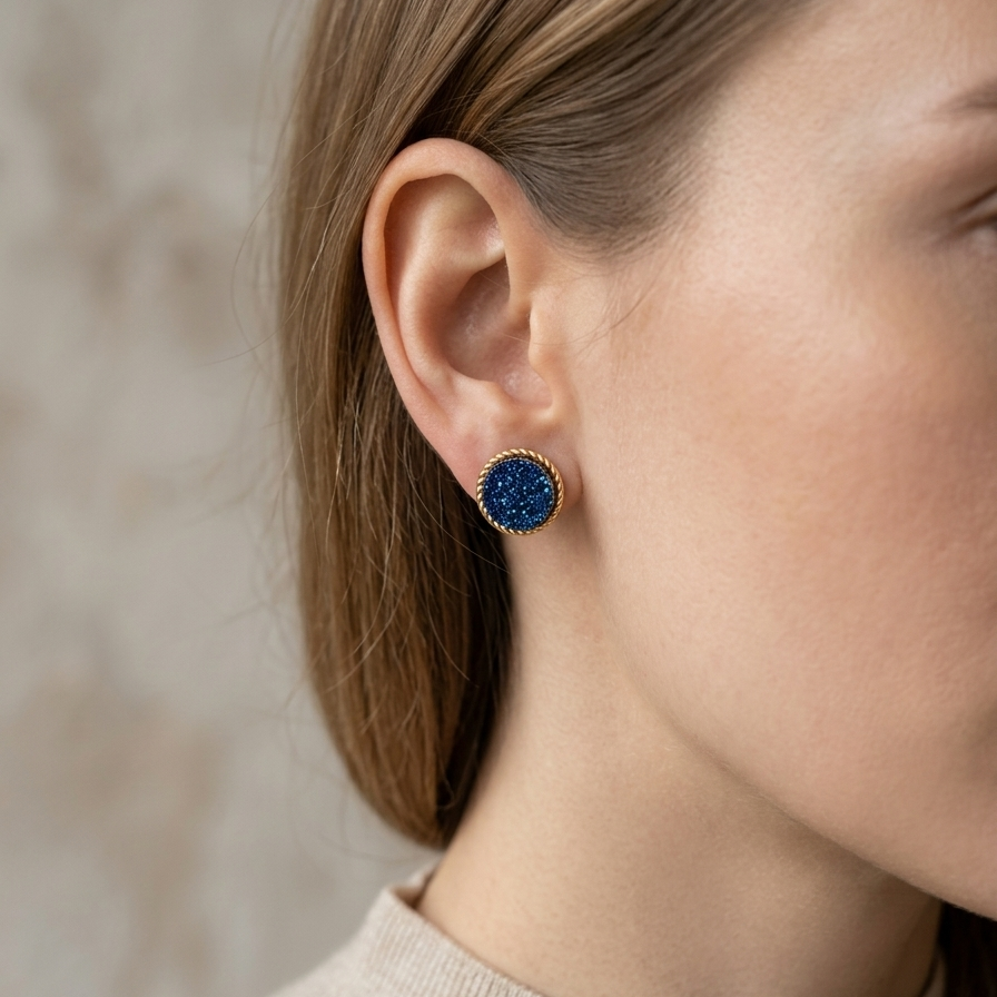 Faux Blue Druzy Quartz Stud Earrings - 14k Gold Plated Round Twisted Rope Border Post Earrings