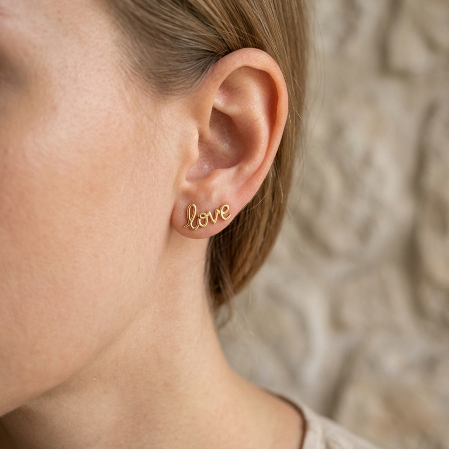 Script "Love" Word Stud Earrings - 14k Gold Plated Cursive Message Post Earrings