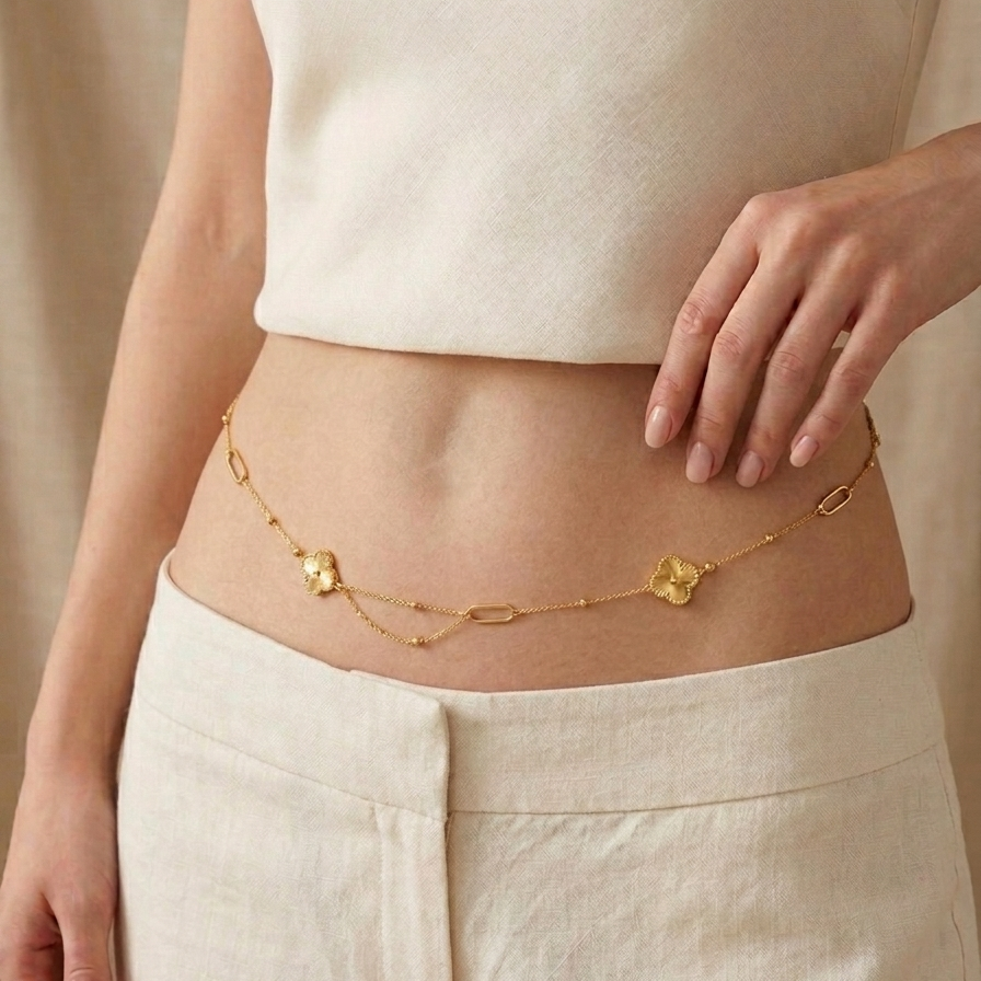 Dainty 18K Gold Plated Clover Belly Chain | Minimalist Waist Chain Jewelry || Rakhi Gift for Sister