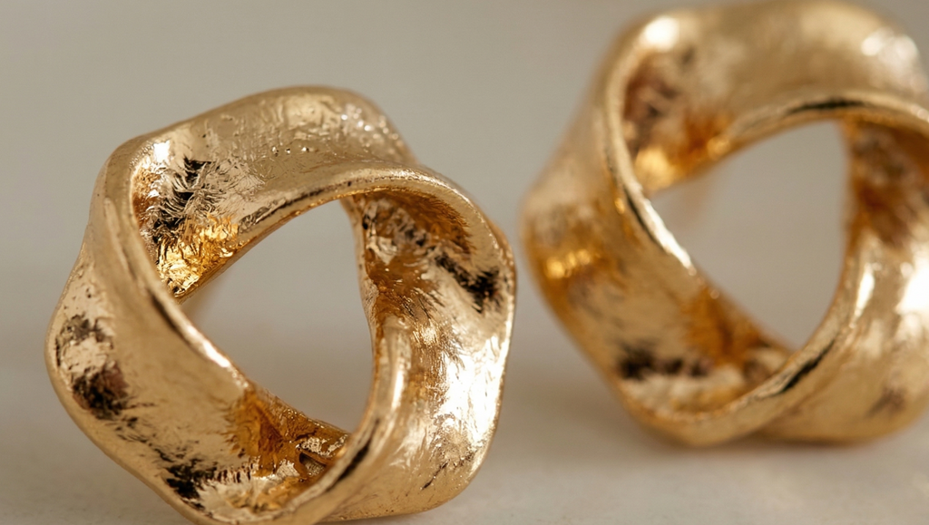 Pair of gold earrings on a neutral background