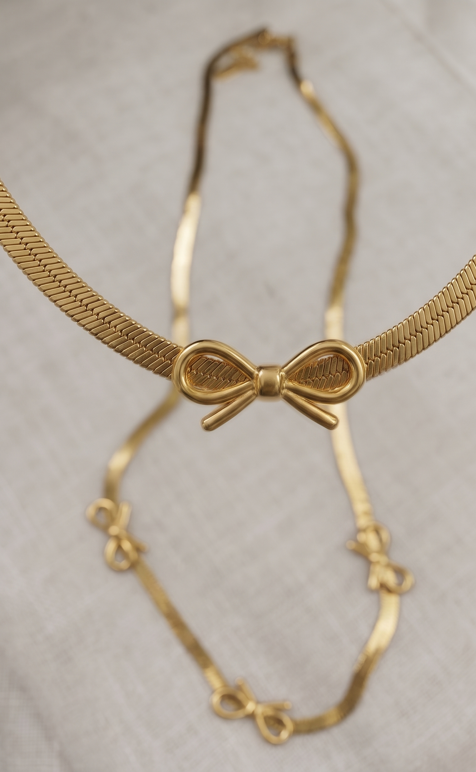 Golden Bow Trio Anti-Tarnish Necklace | 18K Gold Plated Coquette Herringbone Chain