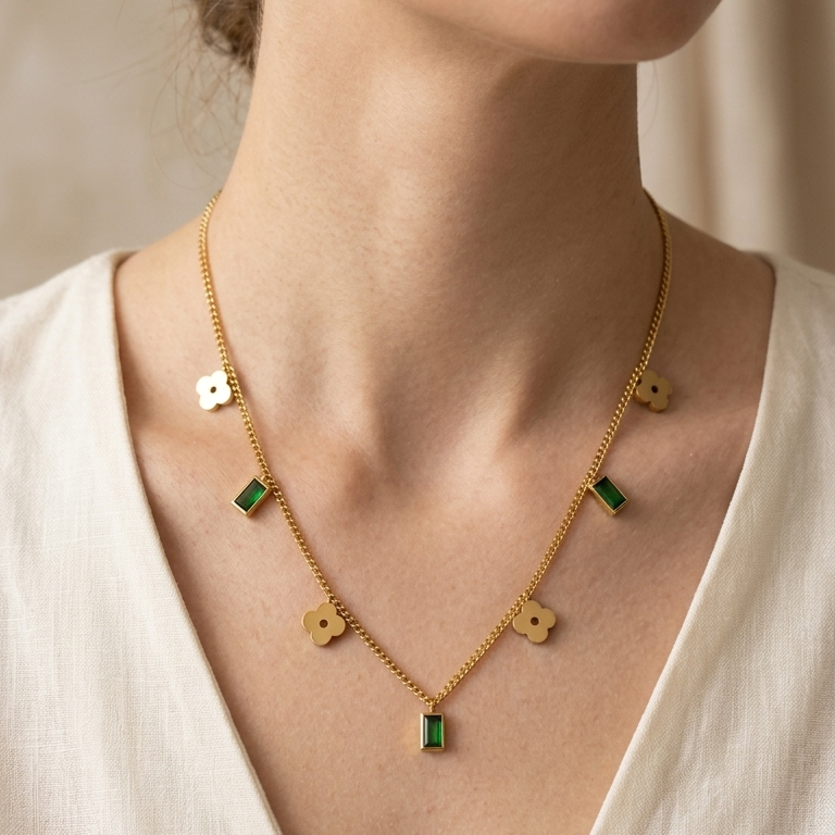 Solid Gold Emerald and Diamond Dangle Station Necklace for Women | Genuine Baguette Cut Green Emerald Adjustable Cable Chain || Rakhi Gift for Sister